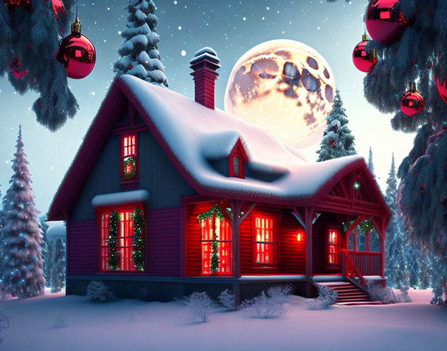 Snow-covered cabin with red and green lights, pine trees, full moon, Christmas ornaments.