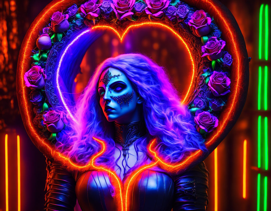 Vibrant blue-skinned woman with neon hair near heart ring and roses