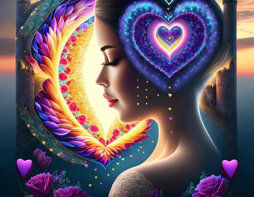 Digital artwork: Serene woman profile in heart-shaped border with angel wing, cosmic patterns