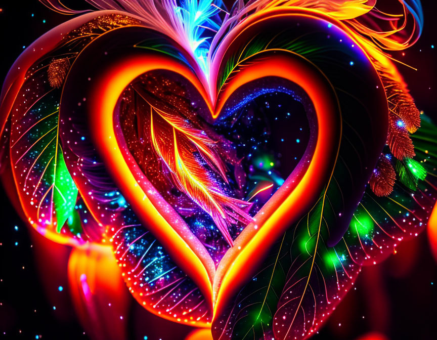 Colorful digital artwork: illuminated heart, fractal patterns, glowing feathers, cosmic background