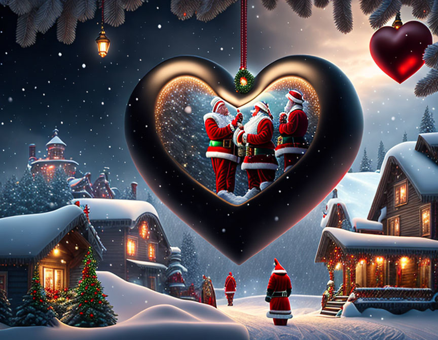 Festive heart-shaped window scene with three Santas and Christmas decorations