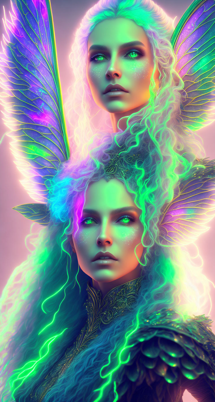 Ethereal women with colorful wings in soft purple glow