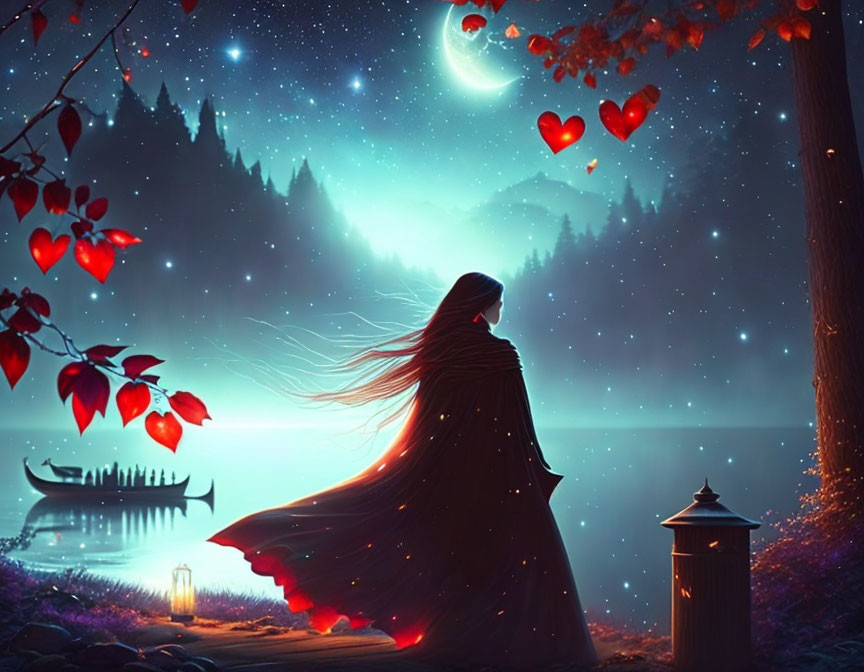 Mysterious woman by lake under starry sky with crescent moon and heart-shaped leaves.