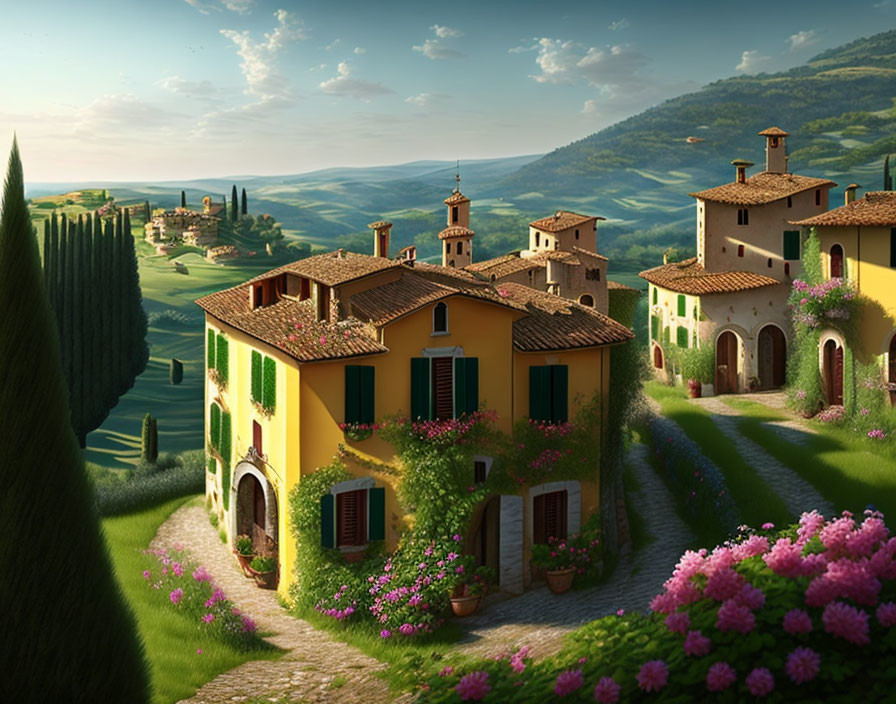 Vibrant Tuscan landscape: rolling hills, villas, flowers, blue sky