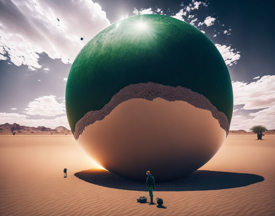 Enormous watermelon in desert with two people and dog under sunbeam