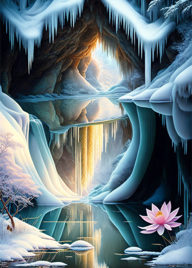 Icy cave with icicles, reflective water, waterfall, warm backlight, and blooming lotus