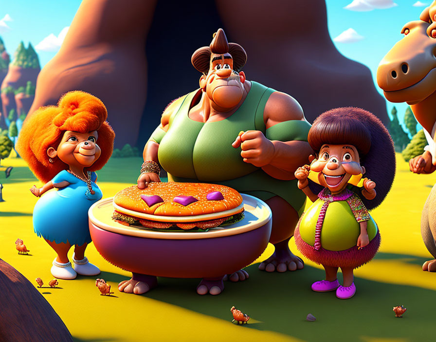 Family of animated characters with giant hamburger in sunny outdoor scene