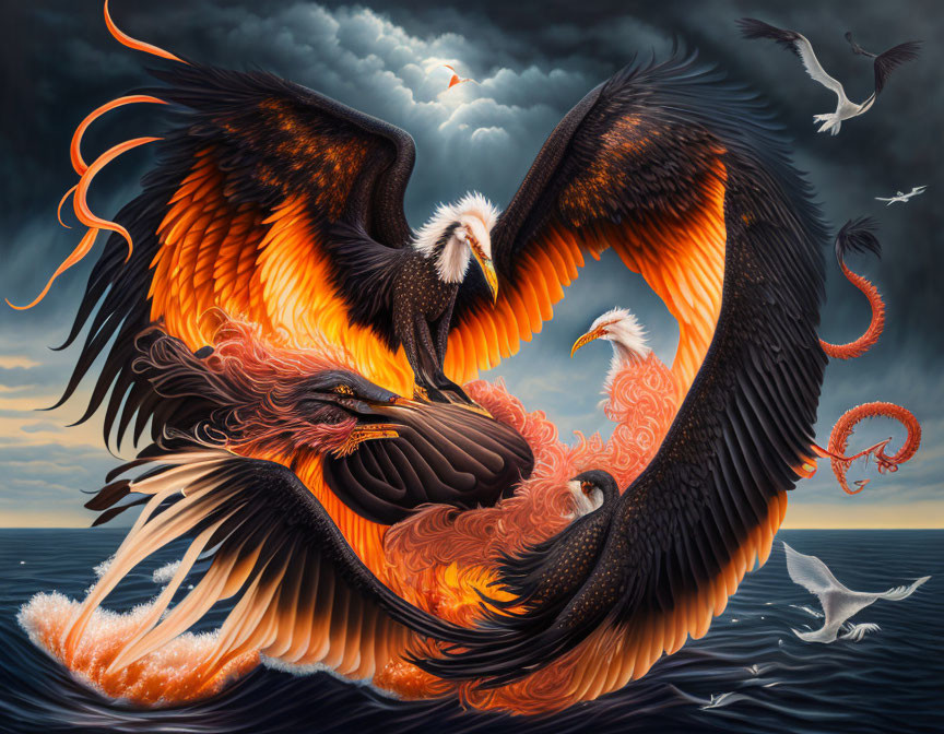 Fantastical scene: Giant birds, one in flames, the other in water, under stormy