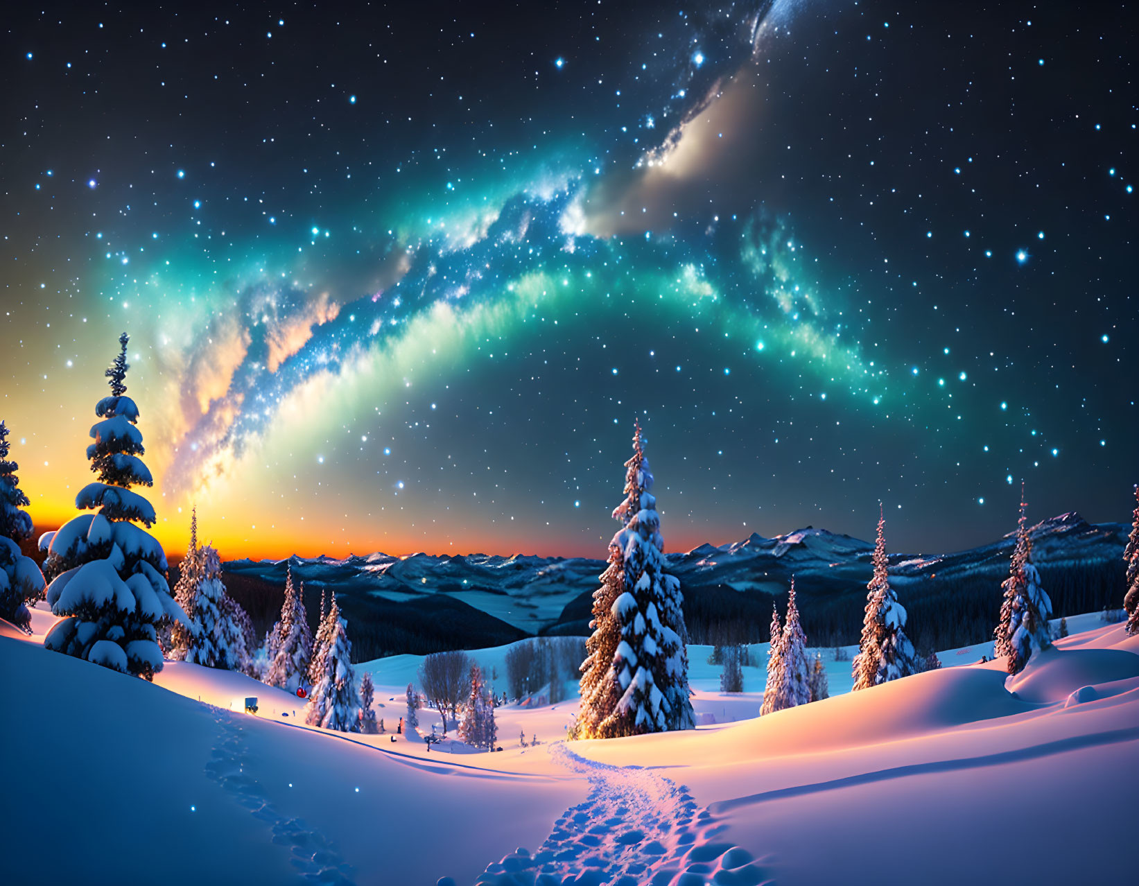 Snow-covered trees under starry sky with vibrant aurora borealis