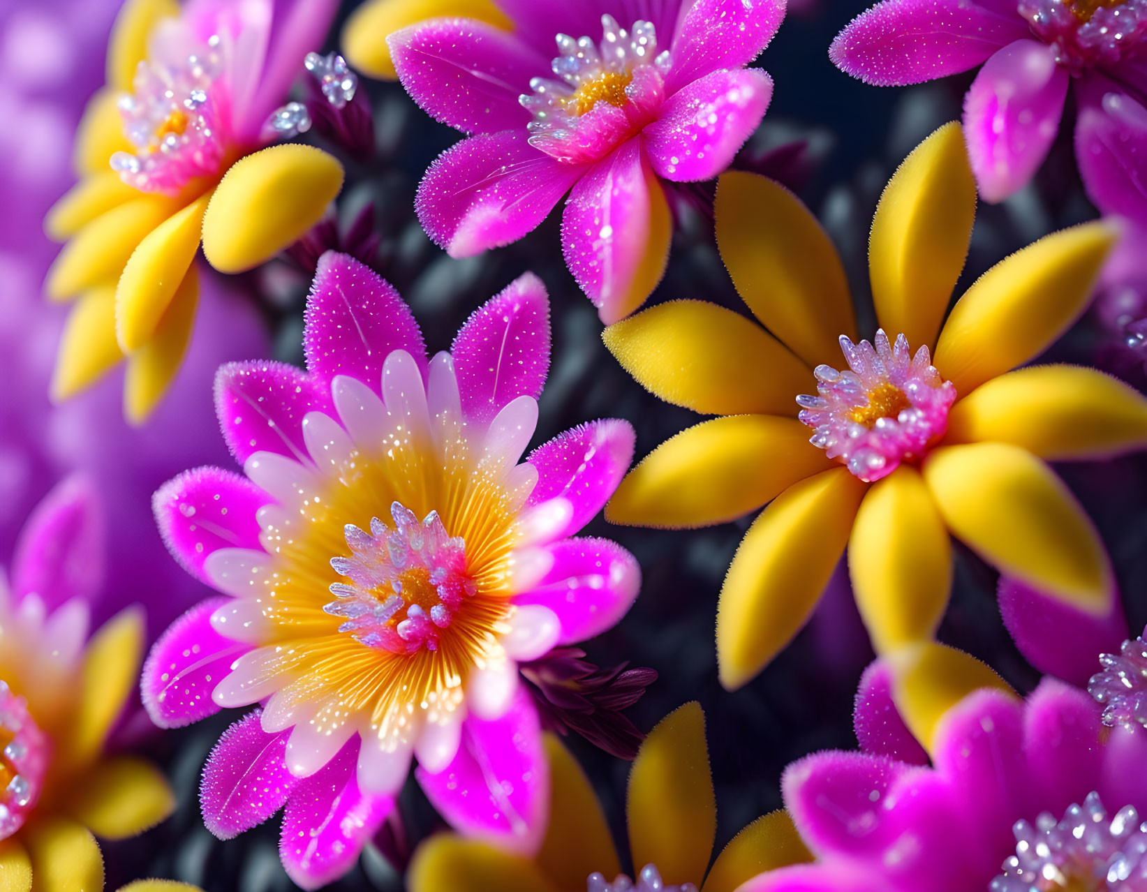 Vibrant pink and yellow flowers with dewdrops in close-up view