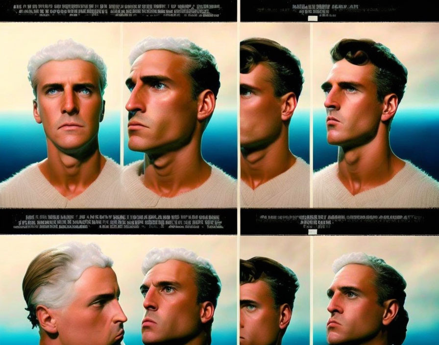 Six-image grid of man's changing facial expressions in retro style