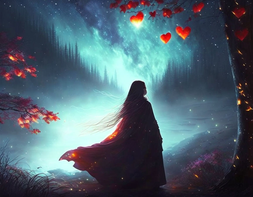 Mystical forest scene: Red cloaked figure under starry sky