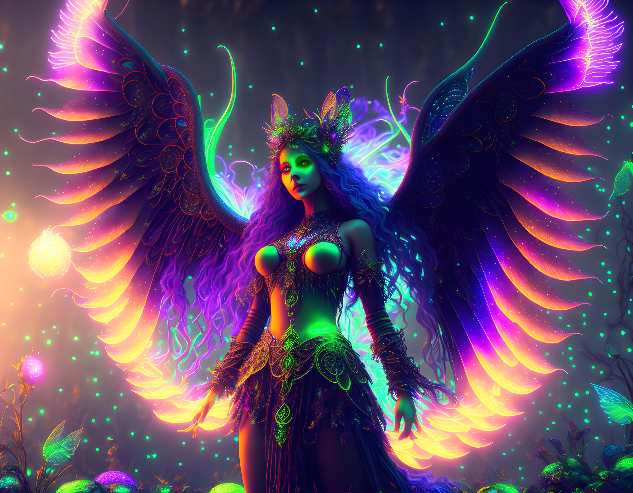 Colorful mythical winged fairy in neon-lit fantasy setting