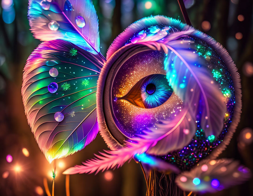 Colorful Cosmic Eye Surrounded by Feathers on Bokeh Background