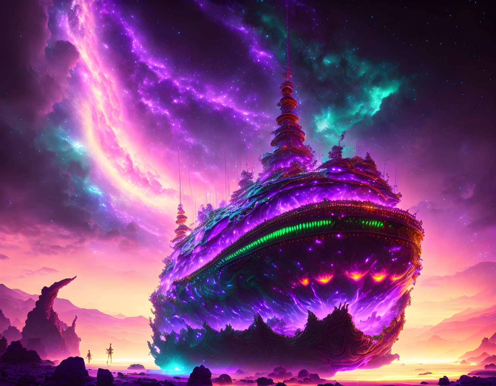 Floating Island with Neon Lights and Futuristic Structures in Cosmic Setting