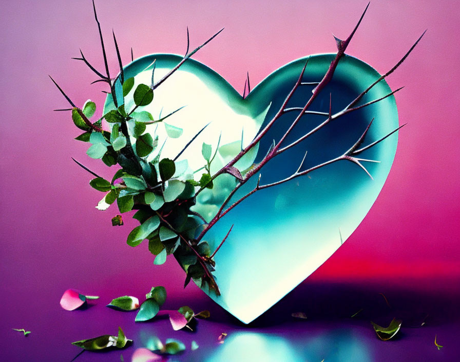 Colorful heart-shaped object with spiky branches and green leaves on pink-purple gradient.