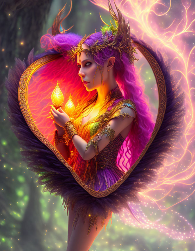 Purple-haired female character with wings and flame in heart-shaped border.