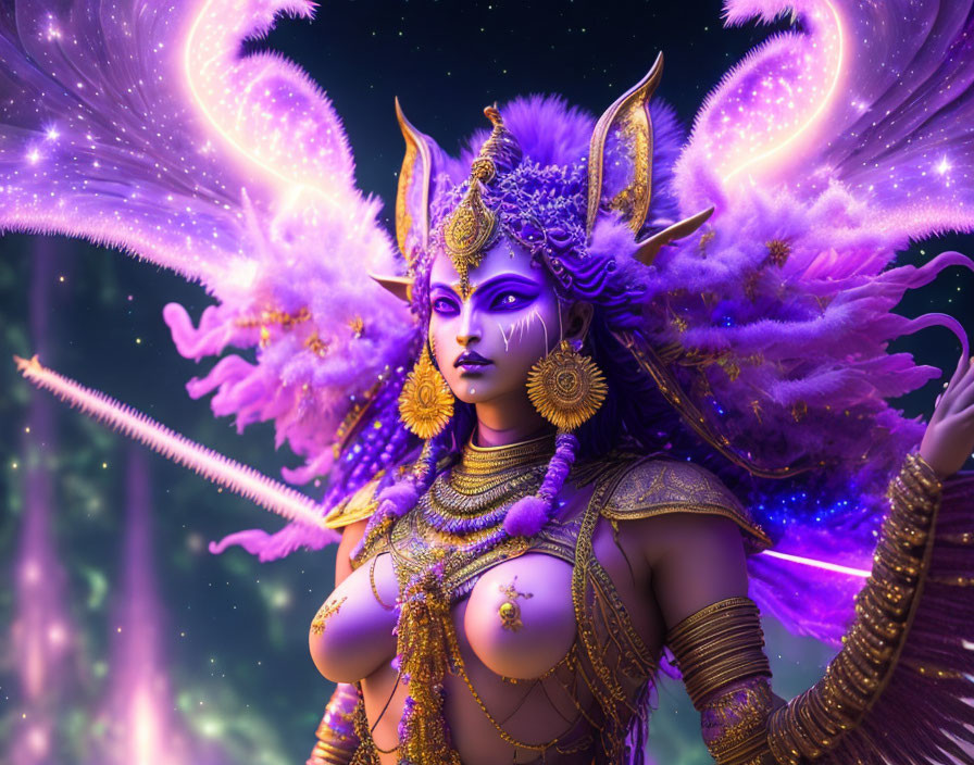 Vibrant 3D illustration of mystical purple-skinned female figure in cosmic setting