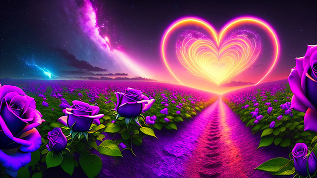 Purple Roses Path to Glowing Heart in Cosmic Sky