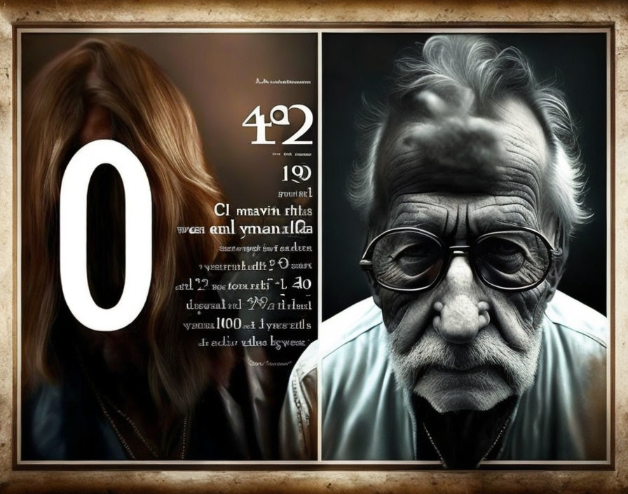 Split artwork: detailed elderly man with glasses on one side, woman with long hair covering face and zero