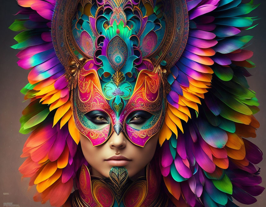 Colorful digital artwork of a person with feather headdress and ornate mask