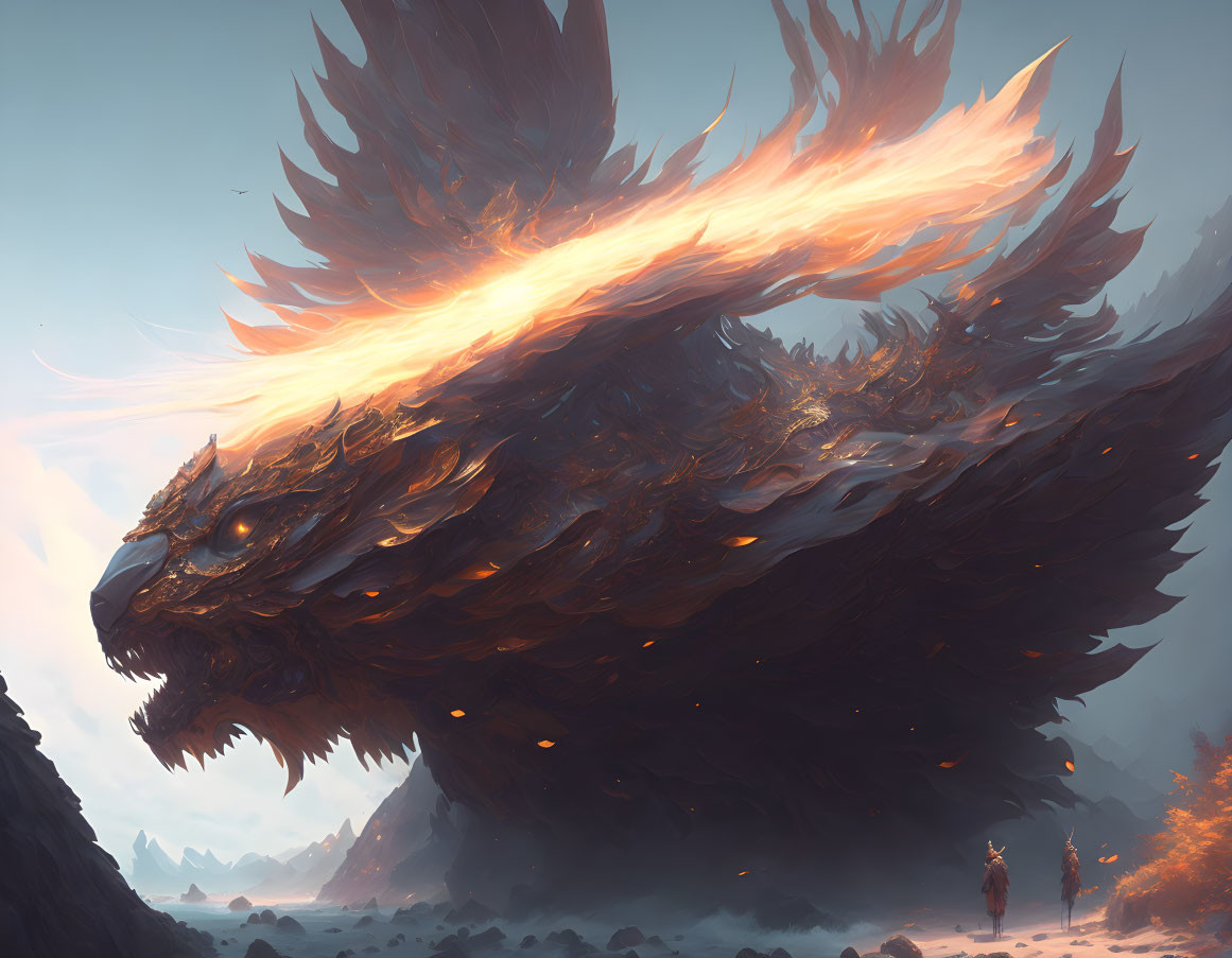 Gigantic dragon overlooking figure in barren landscape