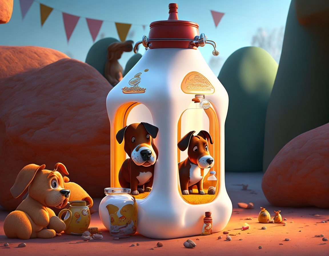 Whimsical animated scene: puppies around milk bottle house, one reading, others playing, with cookies