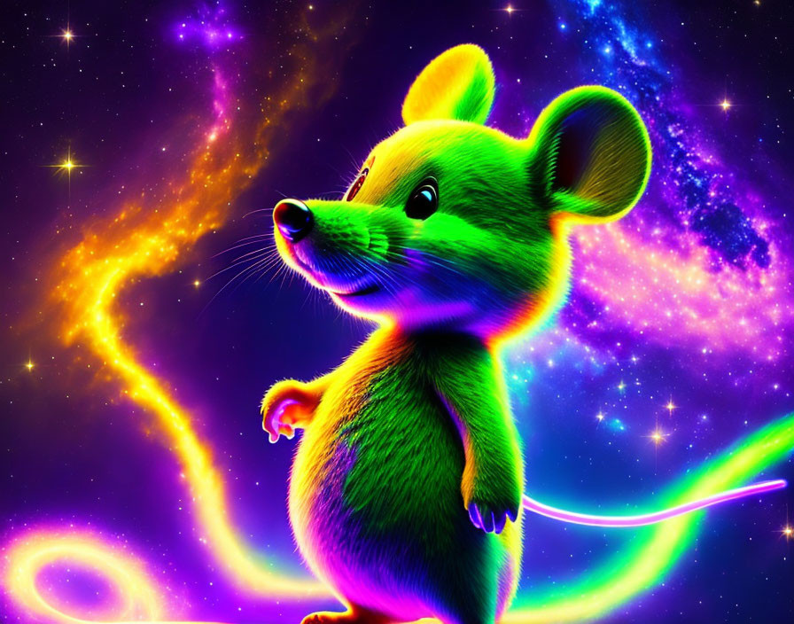 Colorful Cartoon Mouse in Cosmic Background with Glowing Body