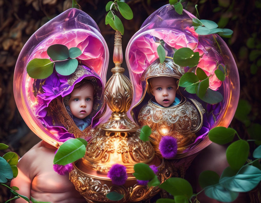 Infants surrounded by golden frame with pink-purple spheres and green foliage