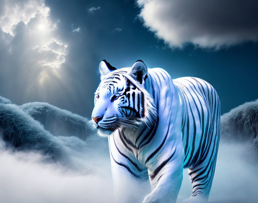 White Tiger with Blue Eyes in Frosty Landscape under Sunlit Sky