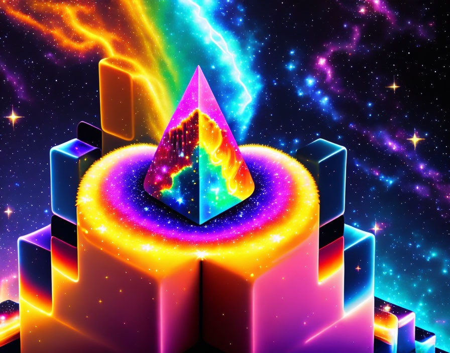 Colorful 3D pyramid on platform with neon lights in cosmic scene