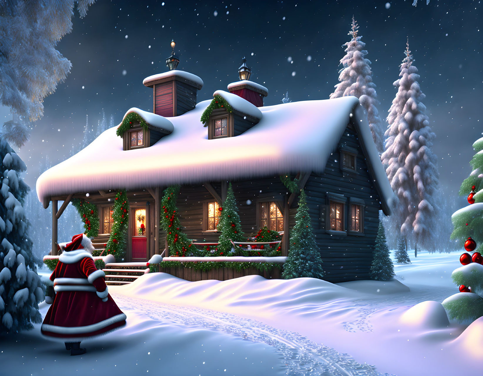 Snow-covered Christmas cabin with Santa Claus at twilight