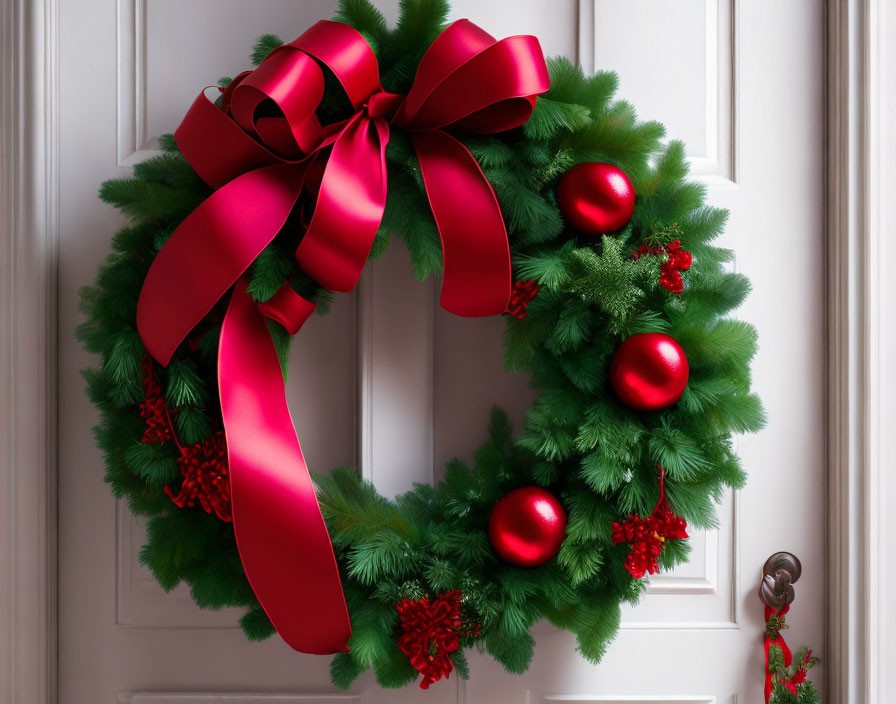 Festive Christmas wreath with red bow and baubles on white door