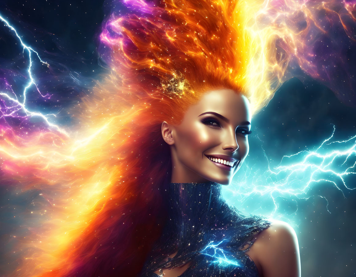 Colorful digital artwork: Smiling woman with fiery nebula hair on cosmic backdrop