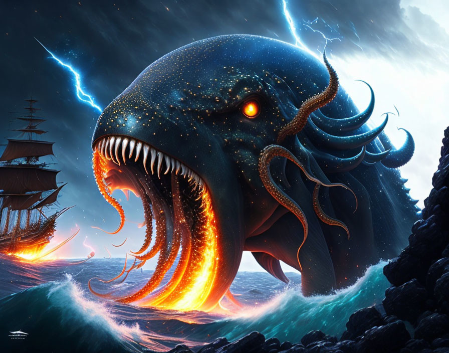 Gigantic sea monster with tentacles near sailing ship in stormy sky