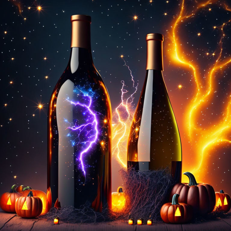 Glowing lightning wine bottles with pumpkins and cobwebs on dark background