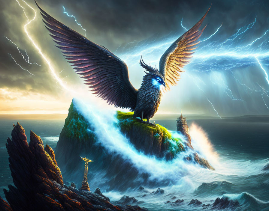 Mythical bird perched on cliff in stormy sea landscape