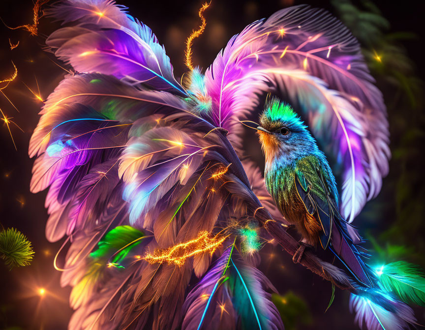 Colorful Bird Perched on Branch with Luminous Feathers