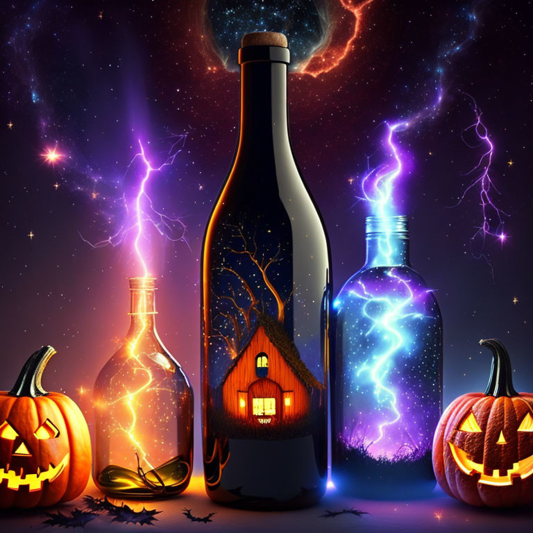 Illuminated Halloween-themed bottles with magical effects and jack-o'-lanterns under starry sky