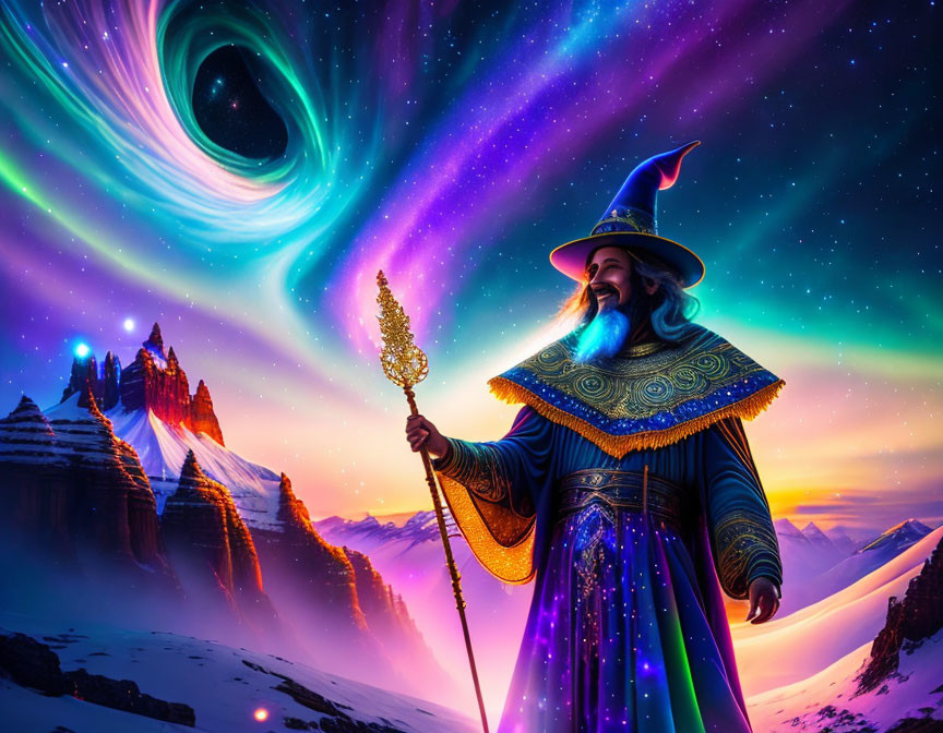 Colorful wizard with staff under night sky with northern lights and black hole