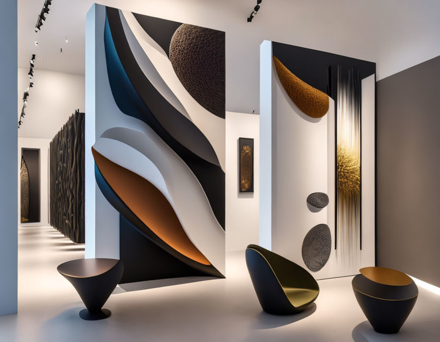 Abstract 3D Art Gallery with Monochromatic Palette & Gold Accents