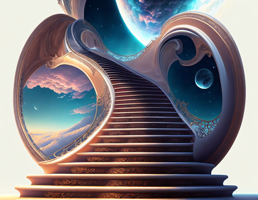 Surreal staircase merging with ornate yin-yang structure against cosmic backdrop