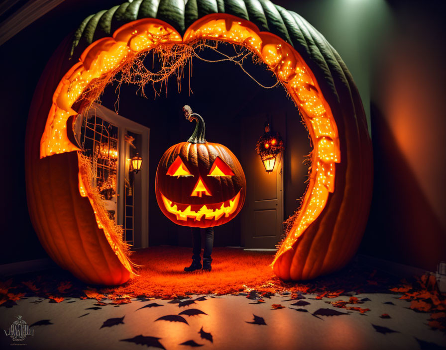 Jack-o'-lantern Head Figure in Halloween Doorway with Pumpkin, Bats, and Cobwebs