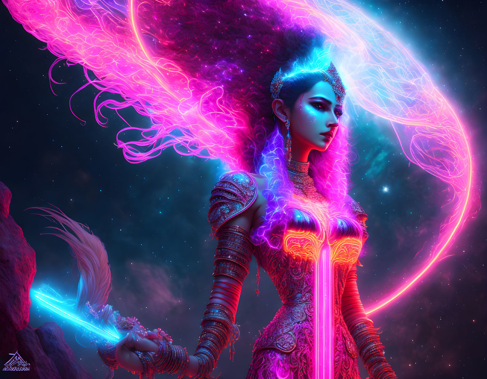 Fantastical female character with neon-pink hair and luminescent armor holding a blue blade under