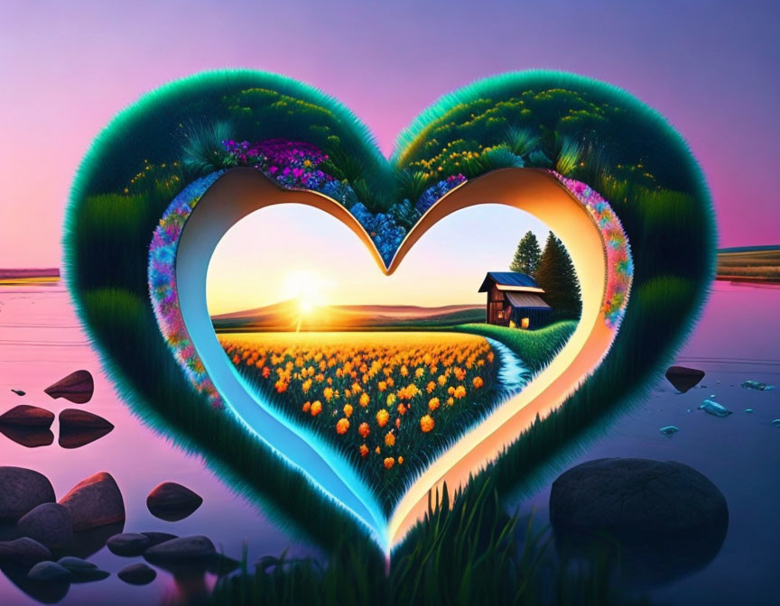 Heart-shaped greenery and flowers reveal serene landscape with sunset, field of flowers, water, and cabin