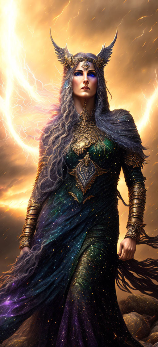 Female figure in cosmic attire with horns under golden lightning