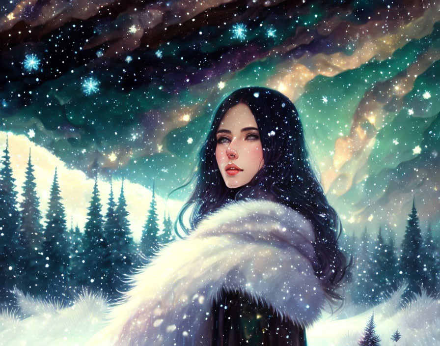 Dark-haired woman in fur coat amidst wintry forest with falling snowflakes