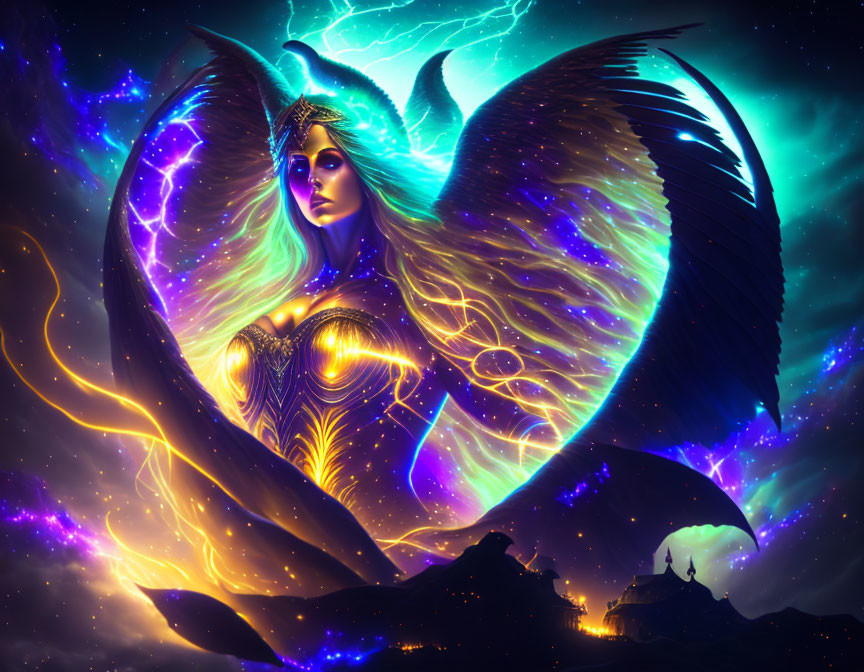 Ethereal winged woman with radiant crown in cosmic backdrop