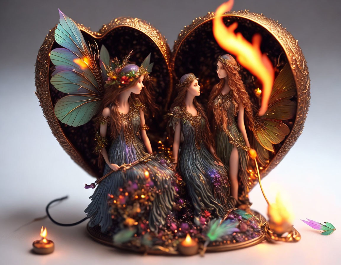 Three fairy-like figures in ornate gowns in heart-shaped locket with ethereal flame.