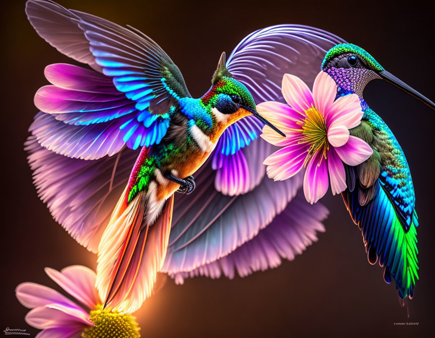 Vibrantly colored hummingbirds near pink flowers on dark background